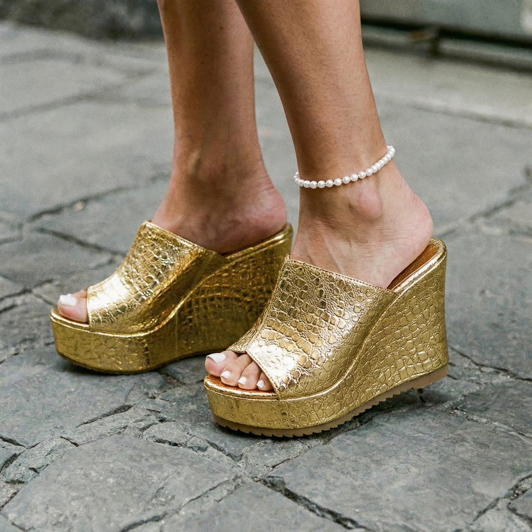 Nicolette | Women's Gold Platform Wedge Sandals - Gold - Image 1