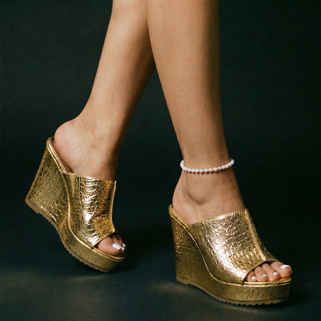 Nicolette | Women's Gold Platform Wedge Sandals - Gold - Image 6