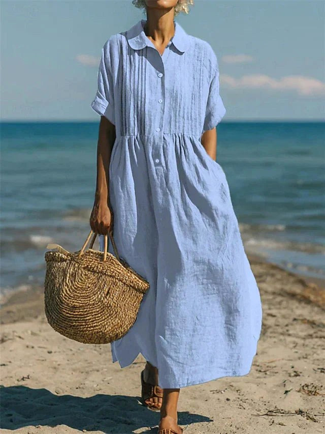 Versatile women's midi shirt dress with collar & button front; ideal for day or casual wear.
