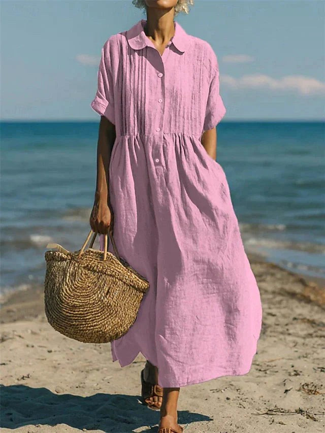 Stylish women's button-front midi shirt dress, great for everyday casual or summer looks.