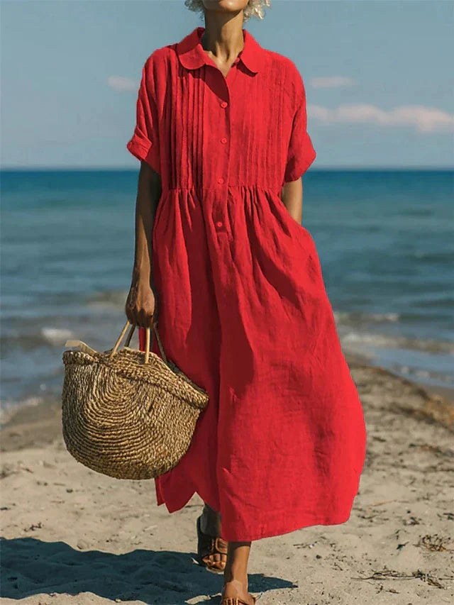 Casual women's midi shirt dress, collared and button-down, for easy summer daywear.
