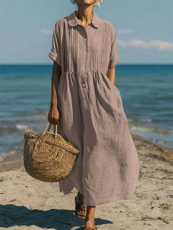 Women's fashion midi shirt dress, collared, button-down front, perfect for casual summer days.
