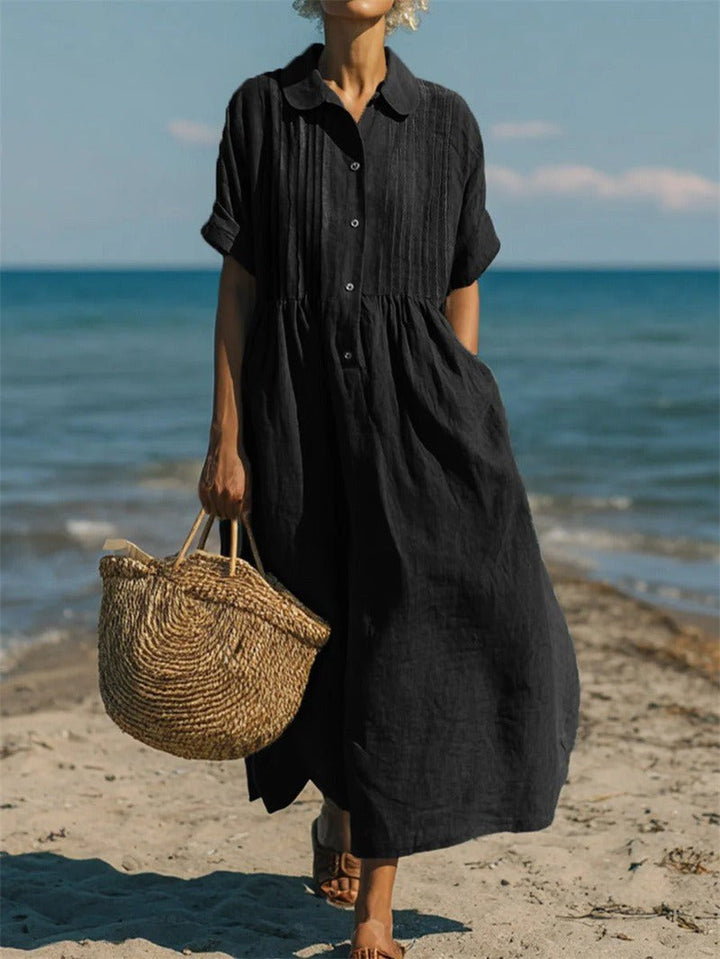 Chic women's collared button-front midi dress, a relaxed fit shirt dress for versatile styling.