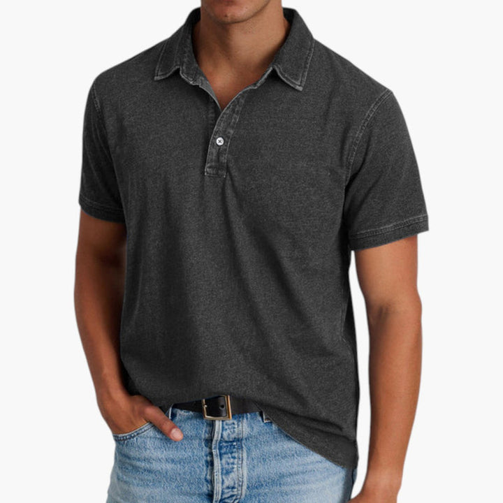 Relaxed fit men's polo shirt, short sleeve, with a unique washed texture for timeless casual style.
