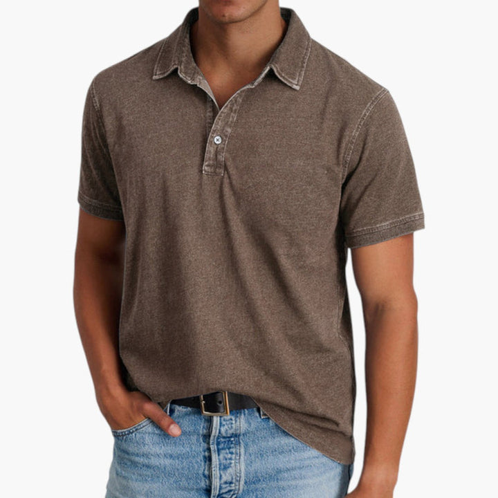 Comfortable men's washed short sleeve polo, perfect for casual style & relaxed summer fashion.