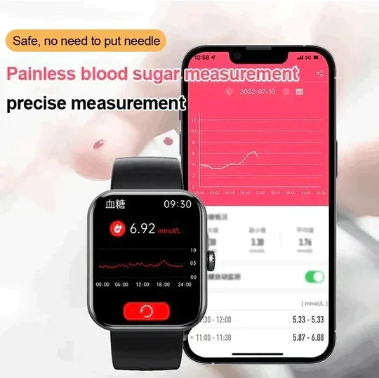 Unisex health tracker smartwatch, features non-invasive glucose, heart rate, sleep, & activity monitoring; modern design.