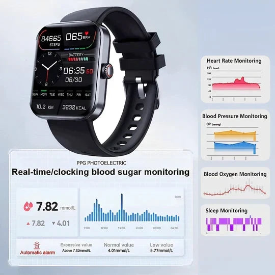 Close-up of unisex smartwatch displaying non-invasive glucose readings, heart rate, and steps for daily health tracking.
