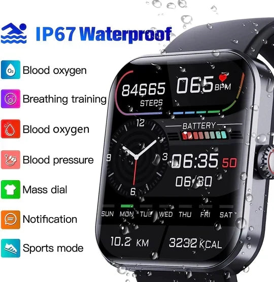 User wearing unisex non-invasive glucose monitoring smartwatch during a walk; tracking fitness, steps & health data.