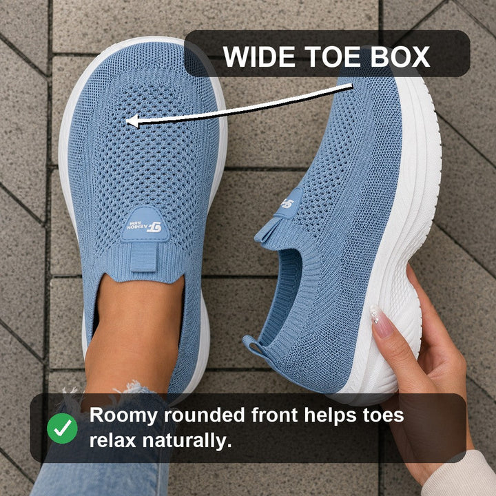 Light blue women's wide toe comfort slip-on shoes for casual wear.