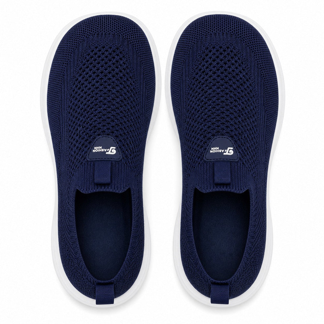 Women's black flexible wide toe comfort slip-on shoes for daily errands & walking.