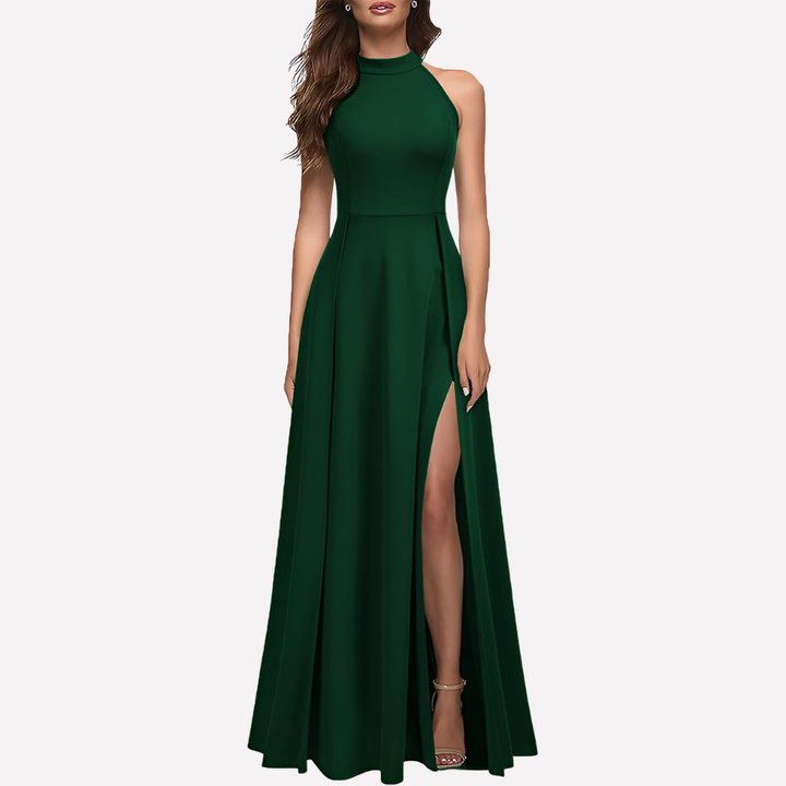 Elegant women's halter maxi cocktail dress with a sophisticated slit, perfect for formal evening parties.