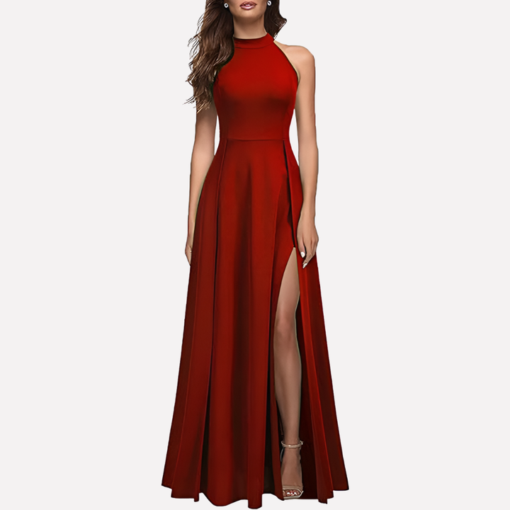 Chic women's formal halter maxi dress, ideal for cocktail parties & elegant evening events. Features stylish slit.