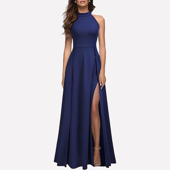 Stunning women's maxi dress with a halter neckline & alluring side slit. Elegant for evening wear & special occasions.