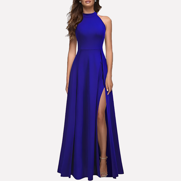 Sophisticated women's elegant halter maxi dress. Features a stylish slit, ideal for cocktail, party, or formal wear.