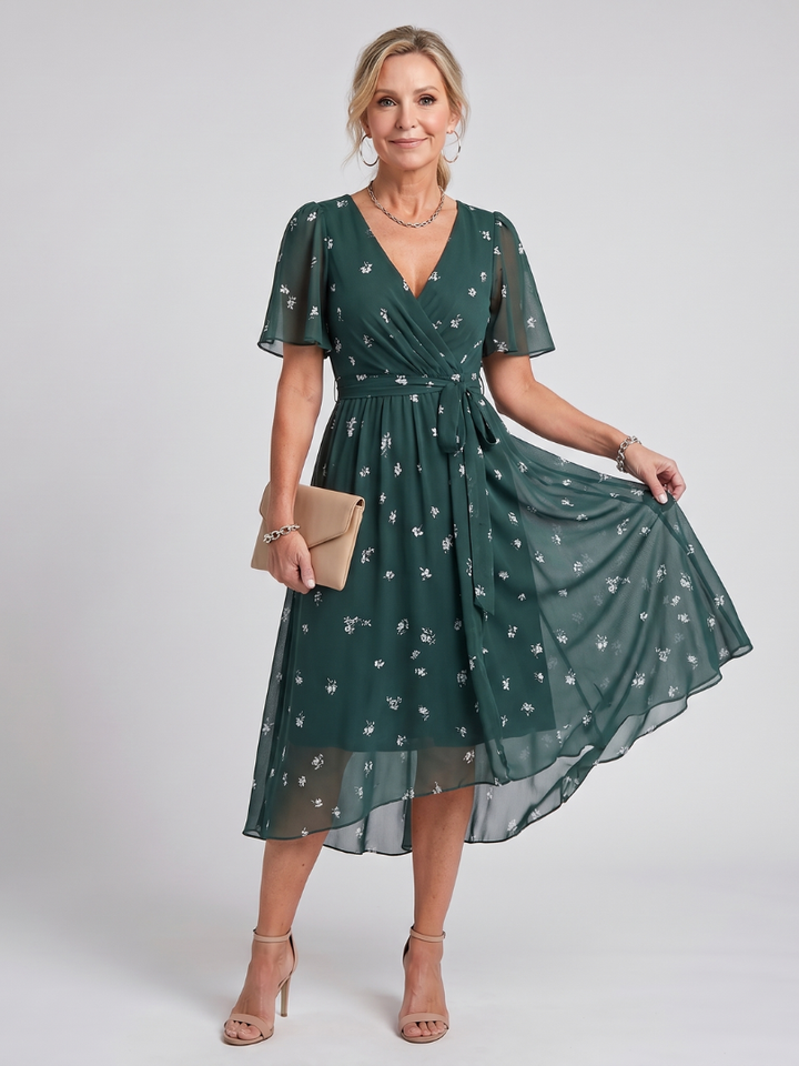 Elegant floral wrap midi dress with flutter sleeves, perfect for spring events & wedding guests.