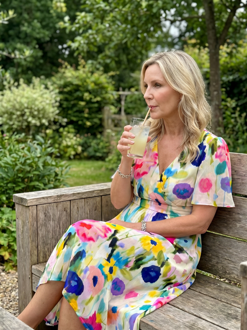 Chic floral wrap midi dress for women, flutter sleeves, asymmetric hem, event ready & stylish.