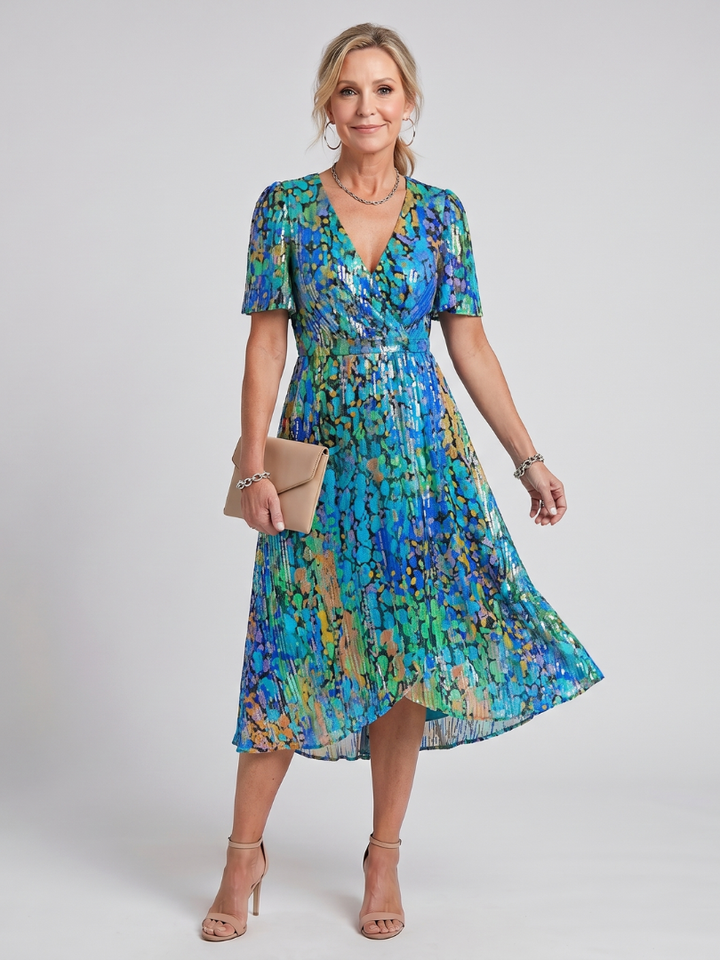Women's elegant floral midi wrap dress, flutter sleeves, perfect for races and summer parties.