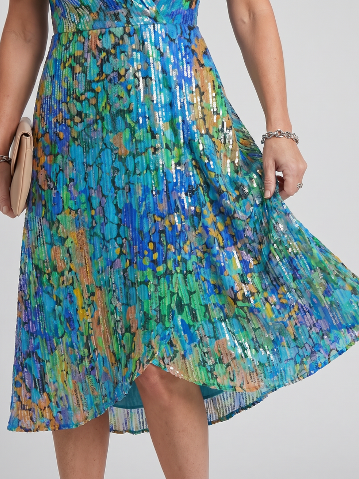 Floral flutter sleeve midi dress, women's elegant wrap style, ideal for spring & summer events.