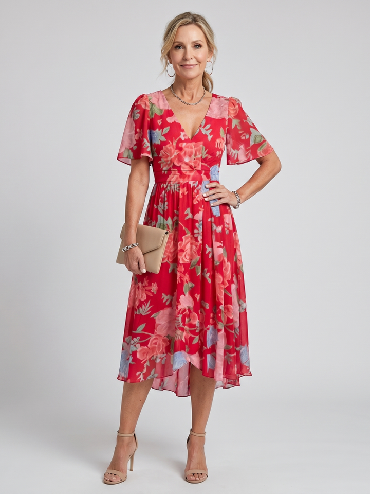 Summer party floral wrap midi dress for women, flutter sleeves, elegant event & wedding wear.