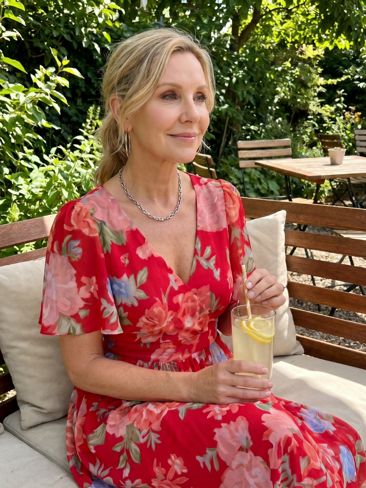 Spring/Summer elegant floral midi wrap dress with flutter sleeves, ideal for events.
