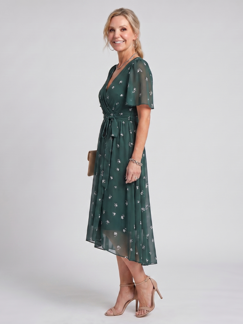 Women's floral wrap midi dress, elegant with flutter sleeves and an asymmetric hem, party ready.