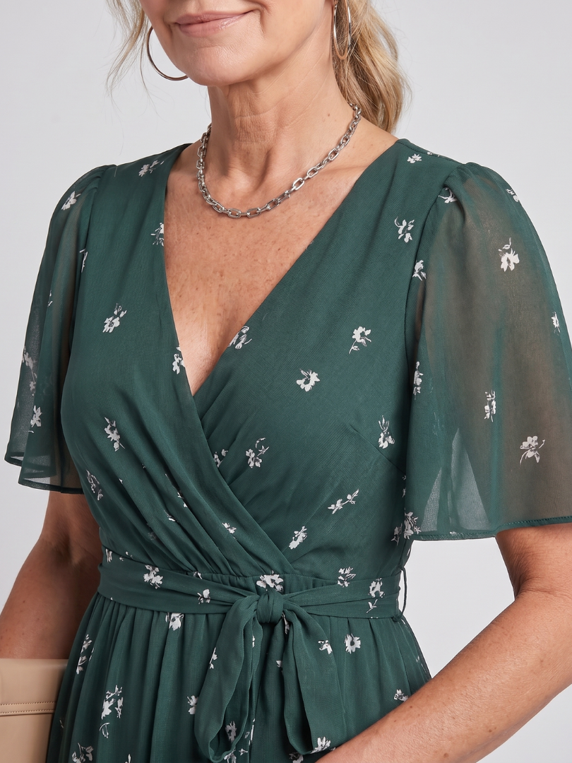 Stylish floral midi wrap dress for women, flutter sleeves, ideal for races and summer events.