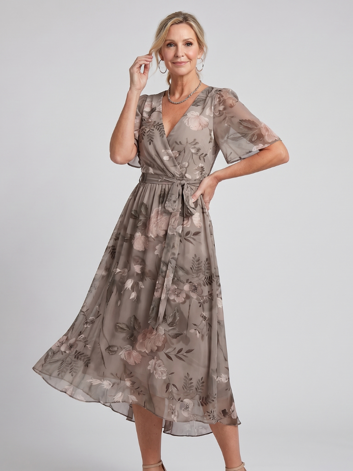 Summer floral midi dress, women's wrap style, flutter sleeves, asymmetric hem, wedding guest.