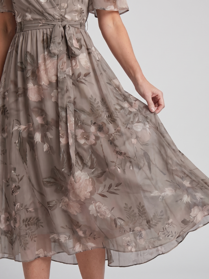 Elegant women's wrap midi dress, floral print, flutter sleeves, perfect for races & parties.