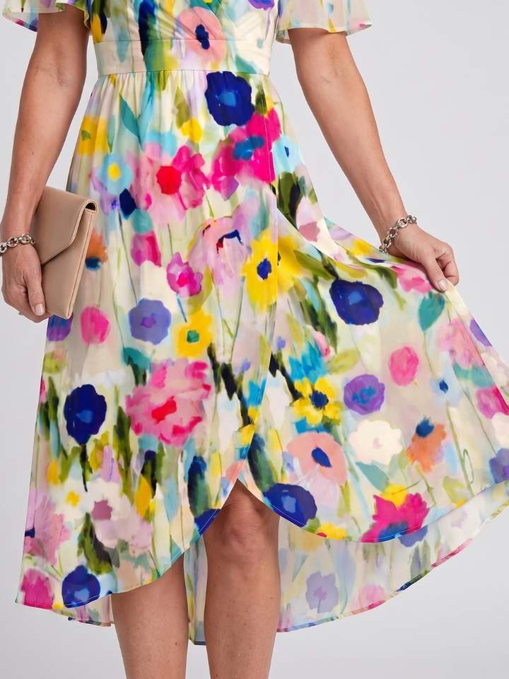 Elegant summer floral wrap dress, midi length, flutter sleeves, wedding guest outfit for women.