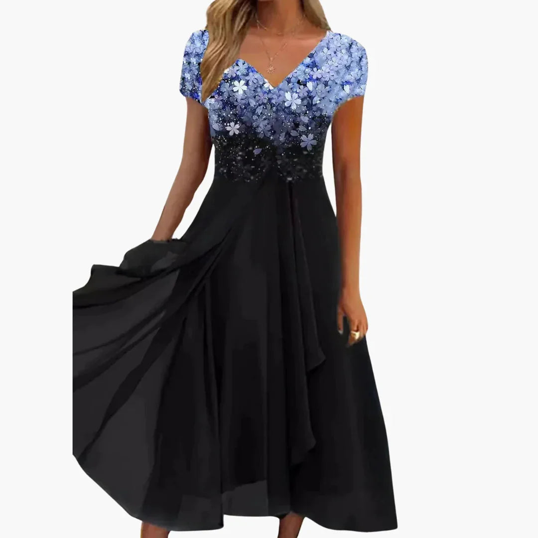 Elegant women's floral sequin midi cocktail dress, perfect for evening parties & special occasions.