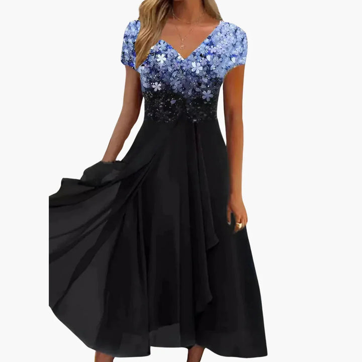 Elegant women's floral sequin midi cocktail dress, perfect for evening parties & special occasions.