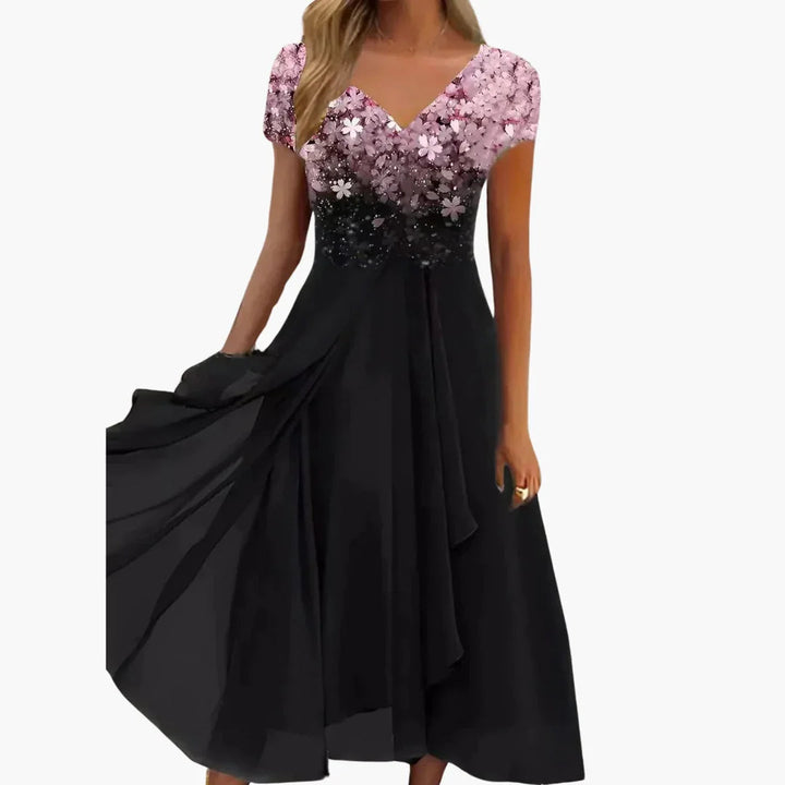 Sophisticated women's midi cocktail dress featuring intricate floral sequins & a graceful draped skirt.