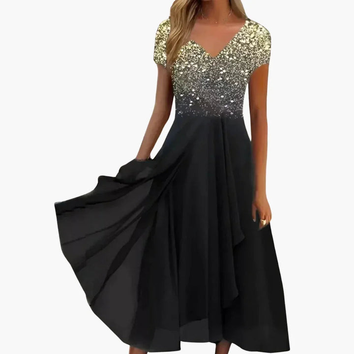 Chic sequin floral midi dress for women, an elegant choice for cocktail parties & evening events.