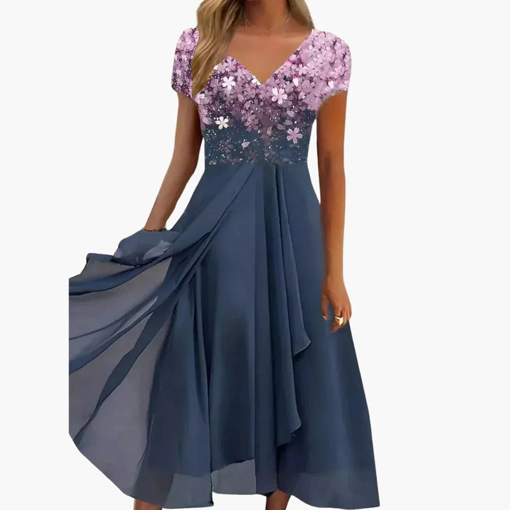 Dazzling women's floral sequin midi dress with a sophisticated draped skirt, ideal for evening gowns.