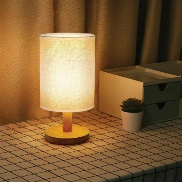 Nvroome Organic Glow lamp: Dimmable LED, wood base, fabric shade. Modern minimalist lighting for any room.