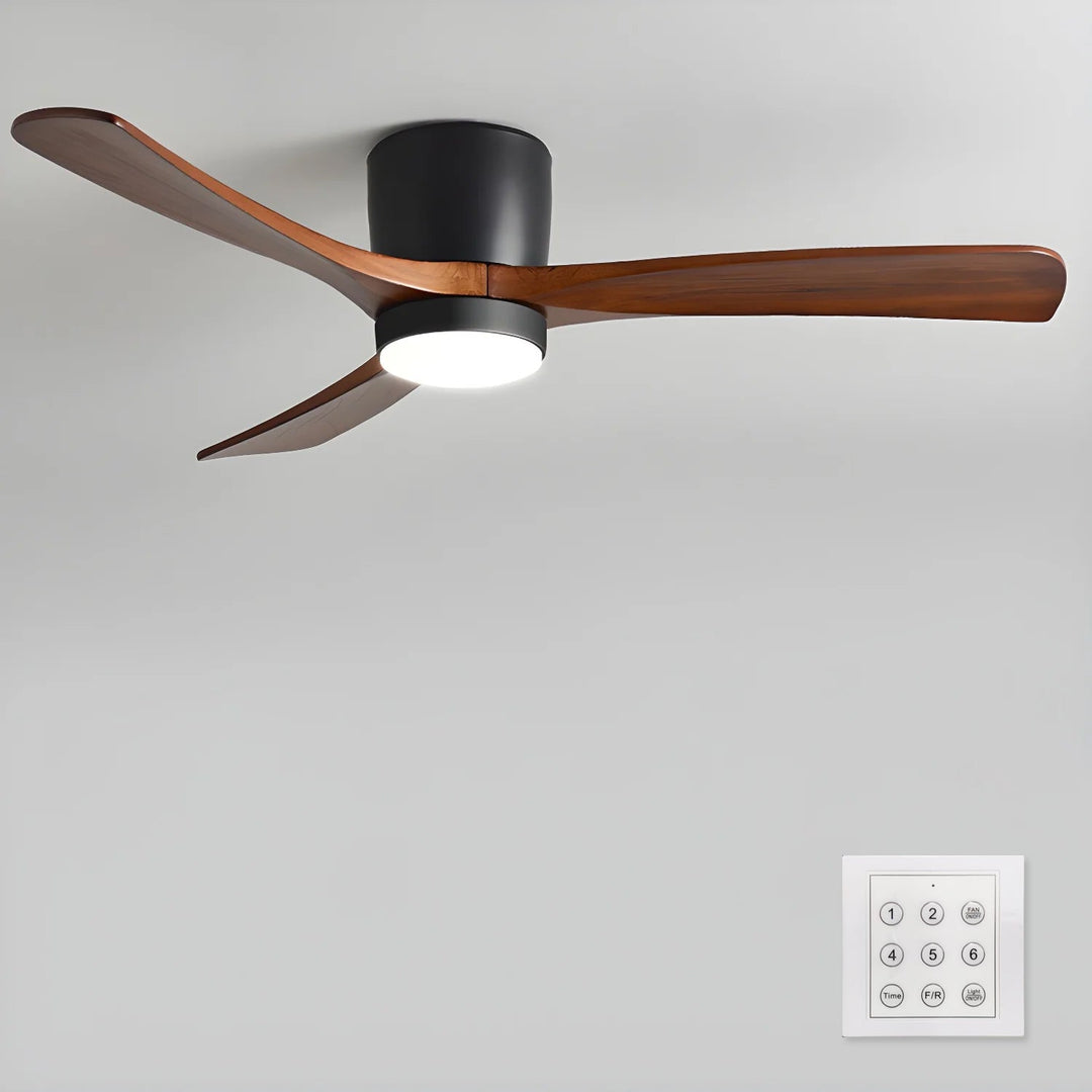 Nordic wooden ceiling fan with integrated LED light & remote control, ideal for modern homes.
