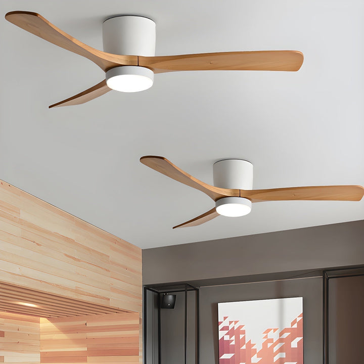 Contemporary Nordic design wooden ceiling fan with integrated LED light & convenient remote control.