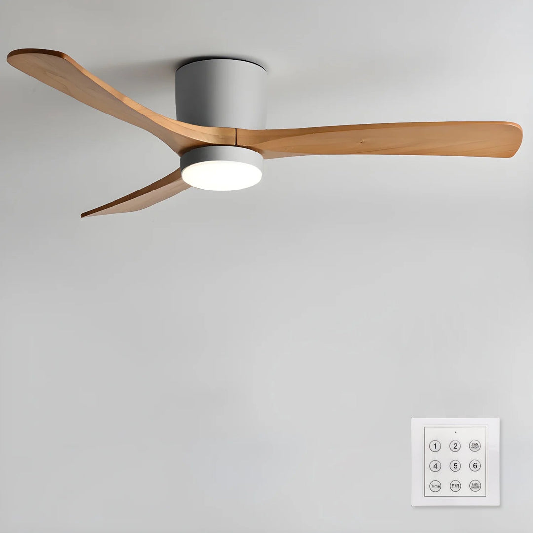 Elegant natural wood Nordic ceiling fan with quiet LED light, remote controlled for indoor use.
