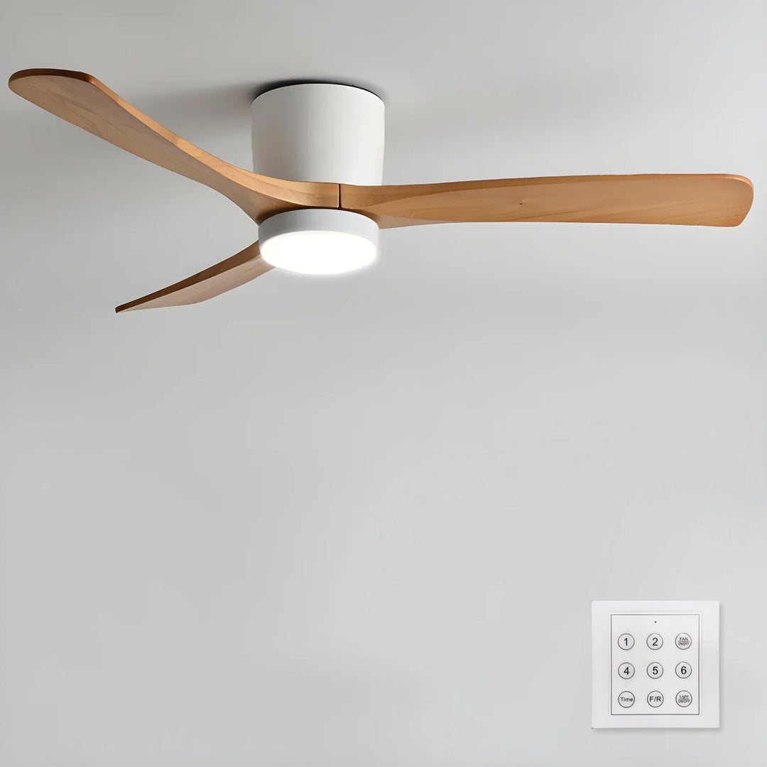 Modern Nordic wooden ceiling fan with adjustable LED light, remote control, and quiet operation.