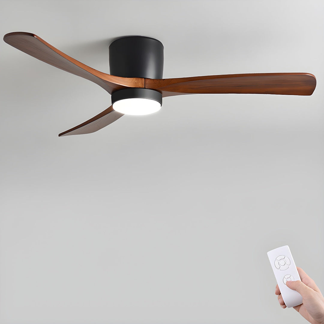 Stylish Nordic design wooden ceiling fan with dimmable LED light, perfect for contemporary interiors.