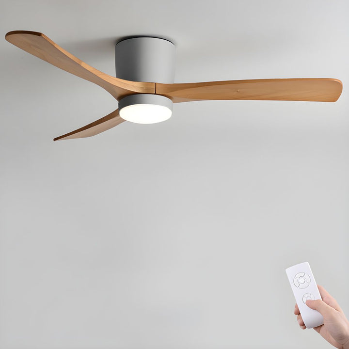Remote-controlled Nordic wooden ceiling fan with integrated LED light for comfortable indoor ambiance.