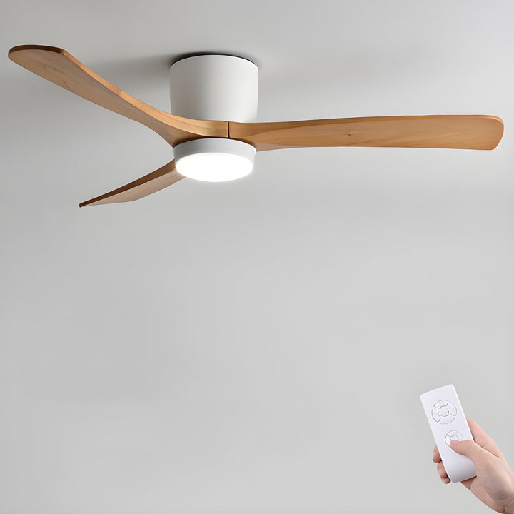 Natural wood finish Nordic ceiling fan with energy-efficient LED lighting and remote control.