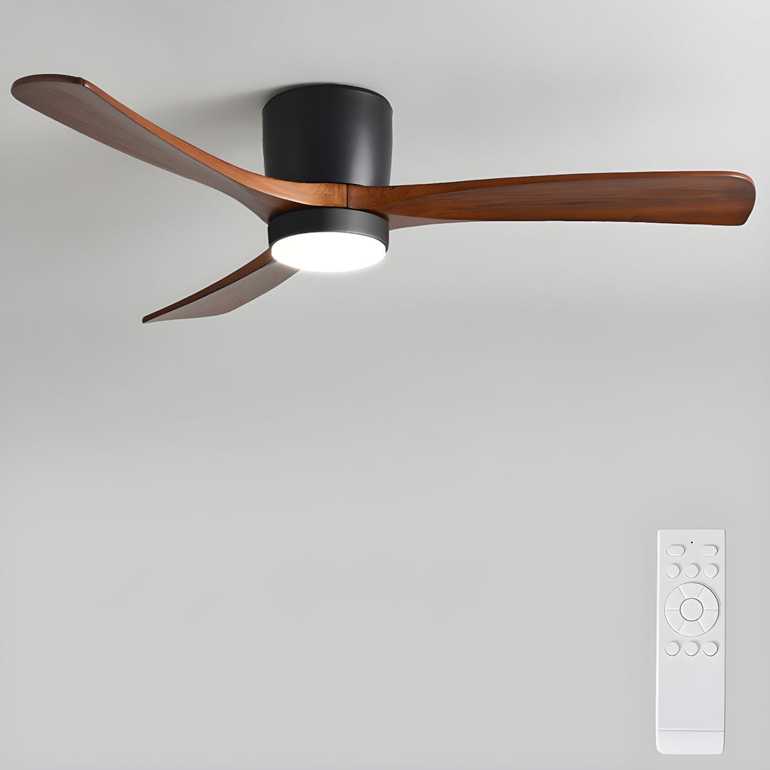 Quiet Nordic wooden ceiling fan with remote-controlled LED light, enhancing modern home decor.
