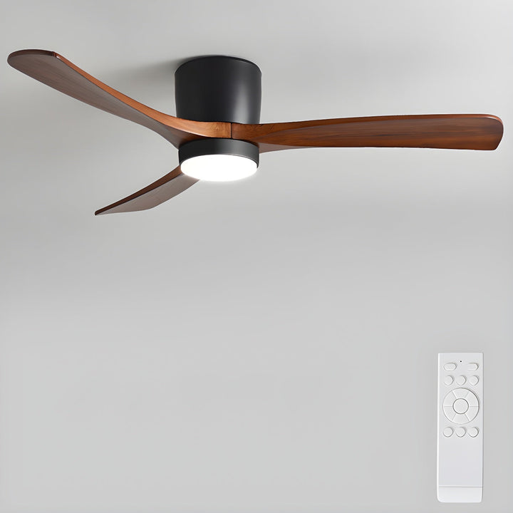 Quiet Nordic wooden ceiling fan with remote-controlled LED light, enhancing modern home decor.
