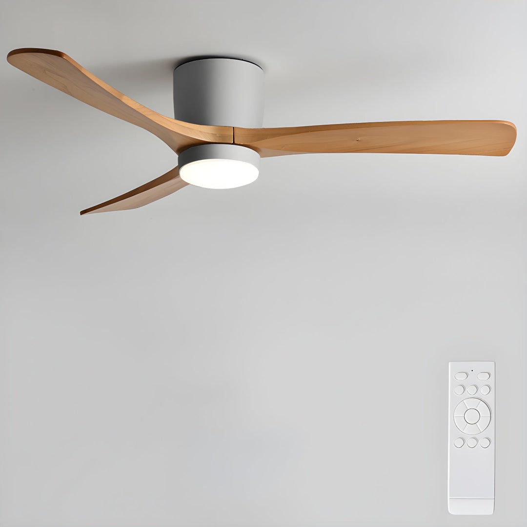 Indoor Nordic wooden ceiling fan with LED light, remote operation, and quiet airflow for comfort.