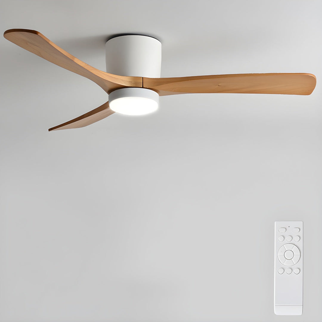 Sleek Nordic wooden fan with adjustable LED light, remote-controlled for easy ambiance changes.
