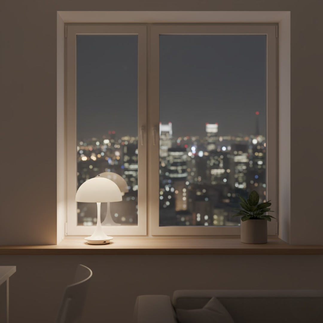 Modern table lamp with long-lasting rechargeable LED light and portable design.