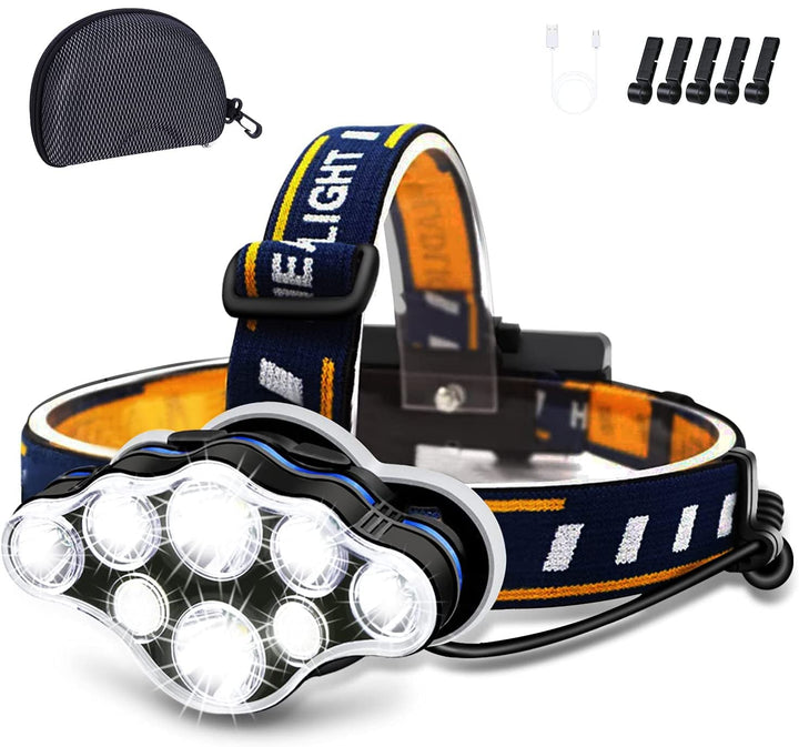 Unisex 18000 Lumen rechargeable LED headlamp with 8 modes, waterproof for camping, hiking, & outdoor adventures.