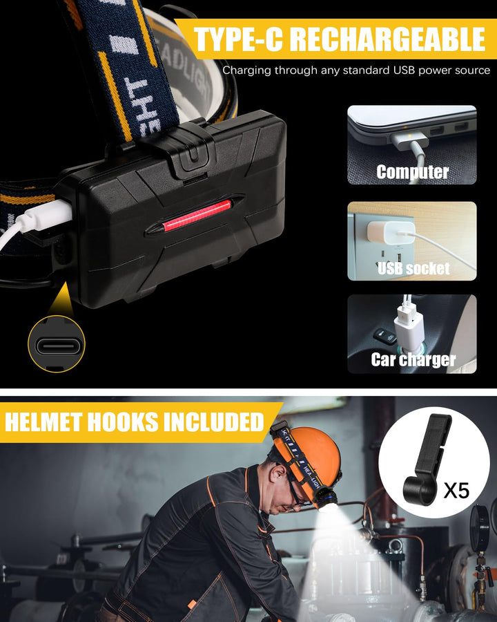 Rechargeable LED headlamp, 18000 Lumen, 8 modes. Waterproof & USB charging for night safety, camping, hiking, running.