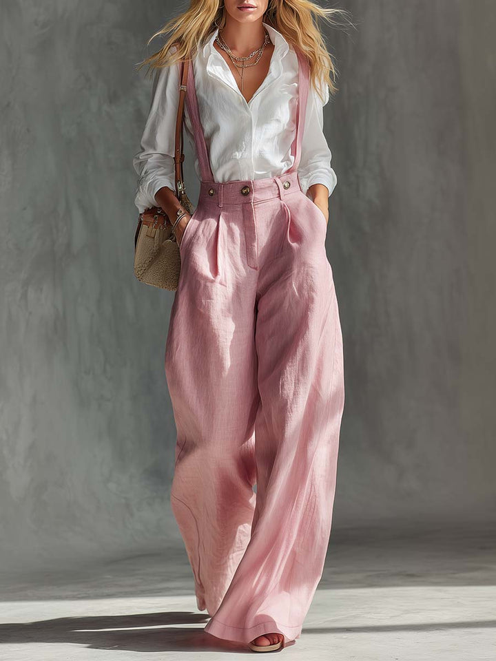 Women's high waist suspender wide leg pants, elegant & chic, perfect for spring fashion or office wear.
